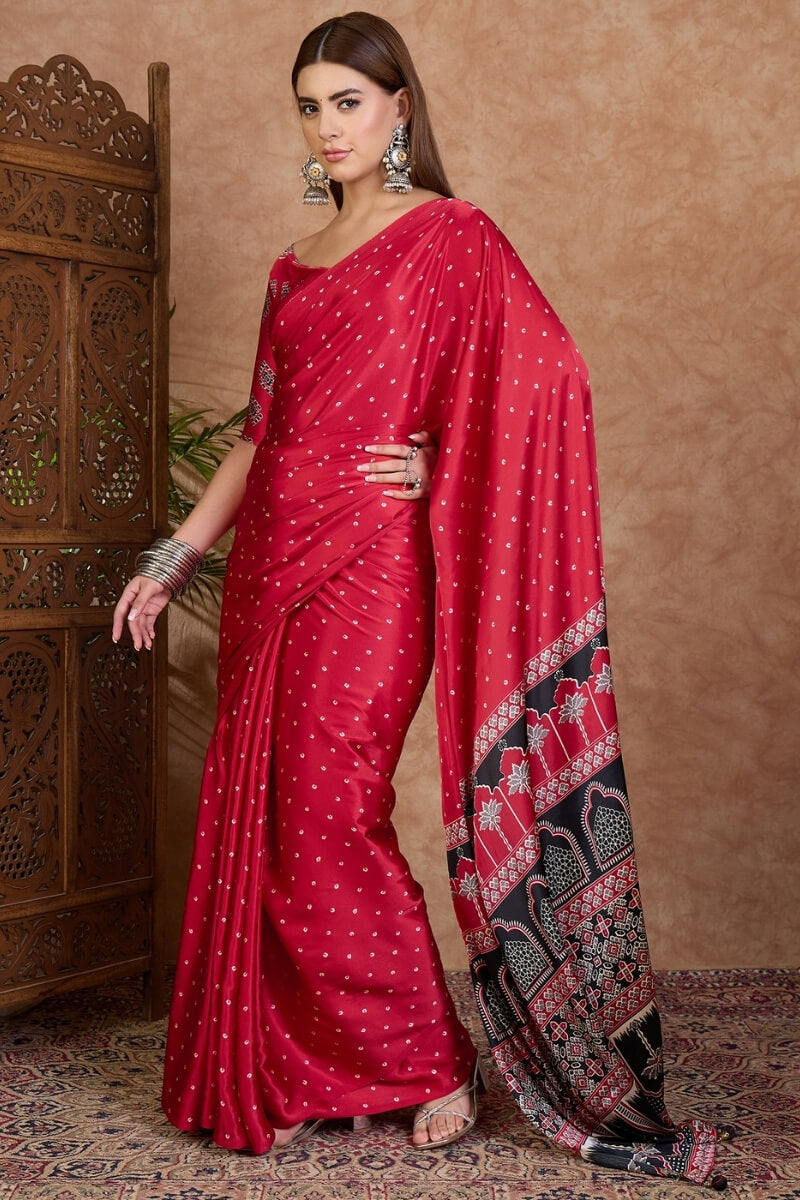 Propinquity Red Ajrakh Printed Semi Modal Silk Saree With Ethnic Blouse Piece