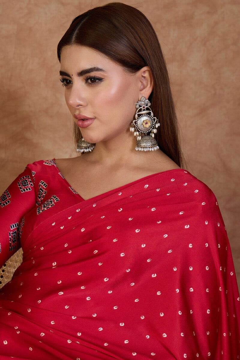 Propinquity Red Ajrakh Printed Semi Modal Silk Saree With Ethnic Blouse Piece