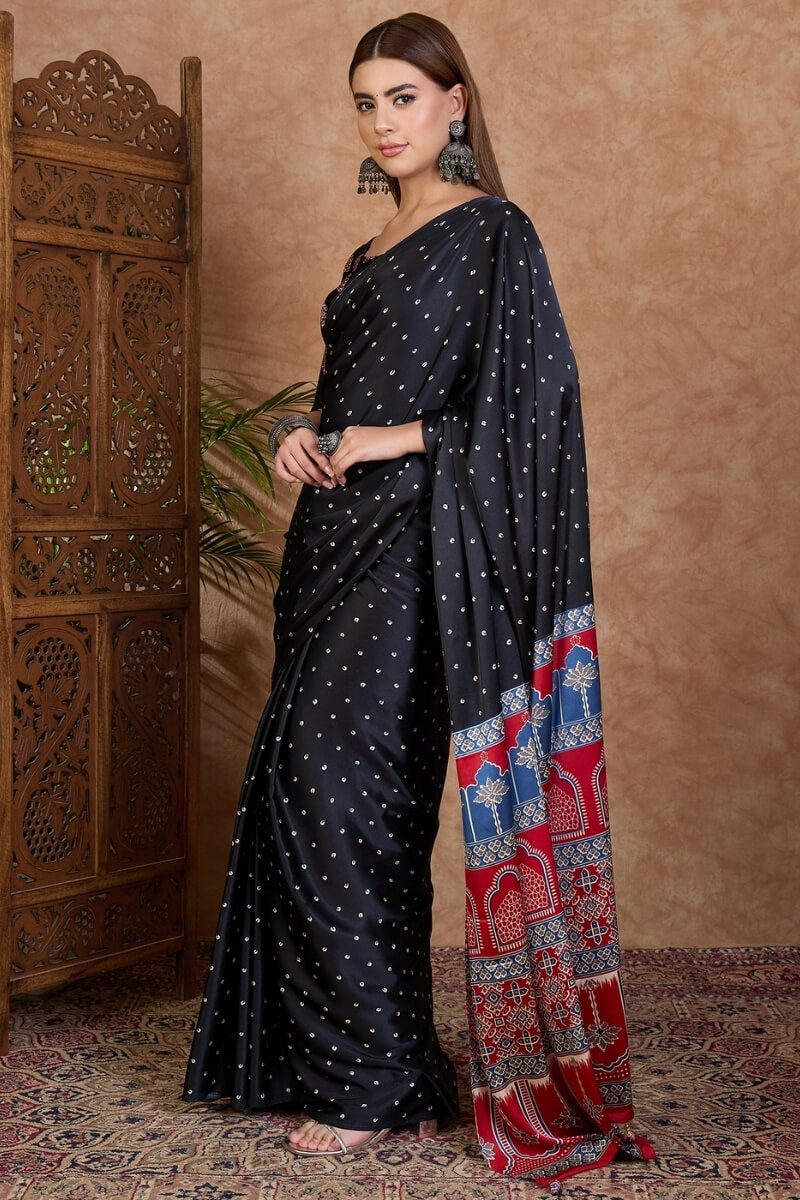 Beguiling Black Ajrakh Printed Semi Modal Silk Saree With Ephemeral Blouse Piece