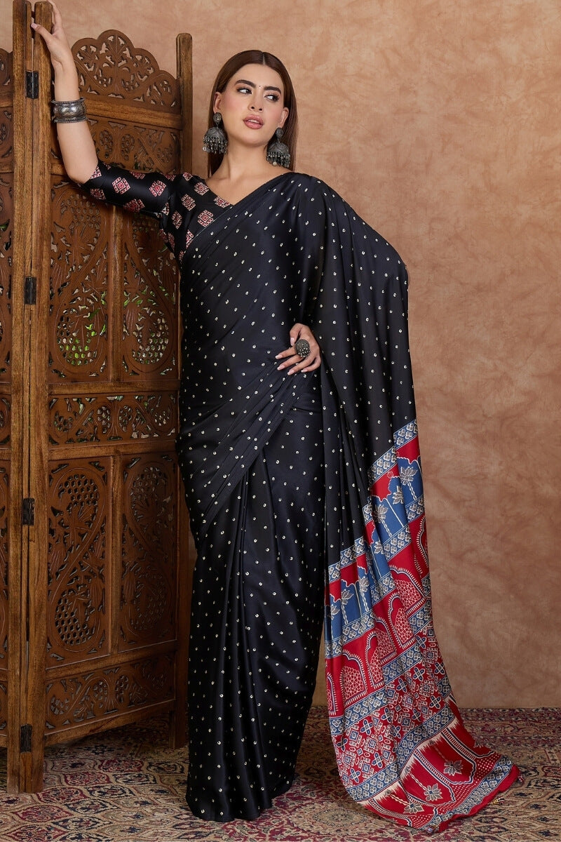 Beguiling Black Ajrakh Printed Semi Modal Silk Saree With Ephemeral Blouse Piece