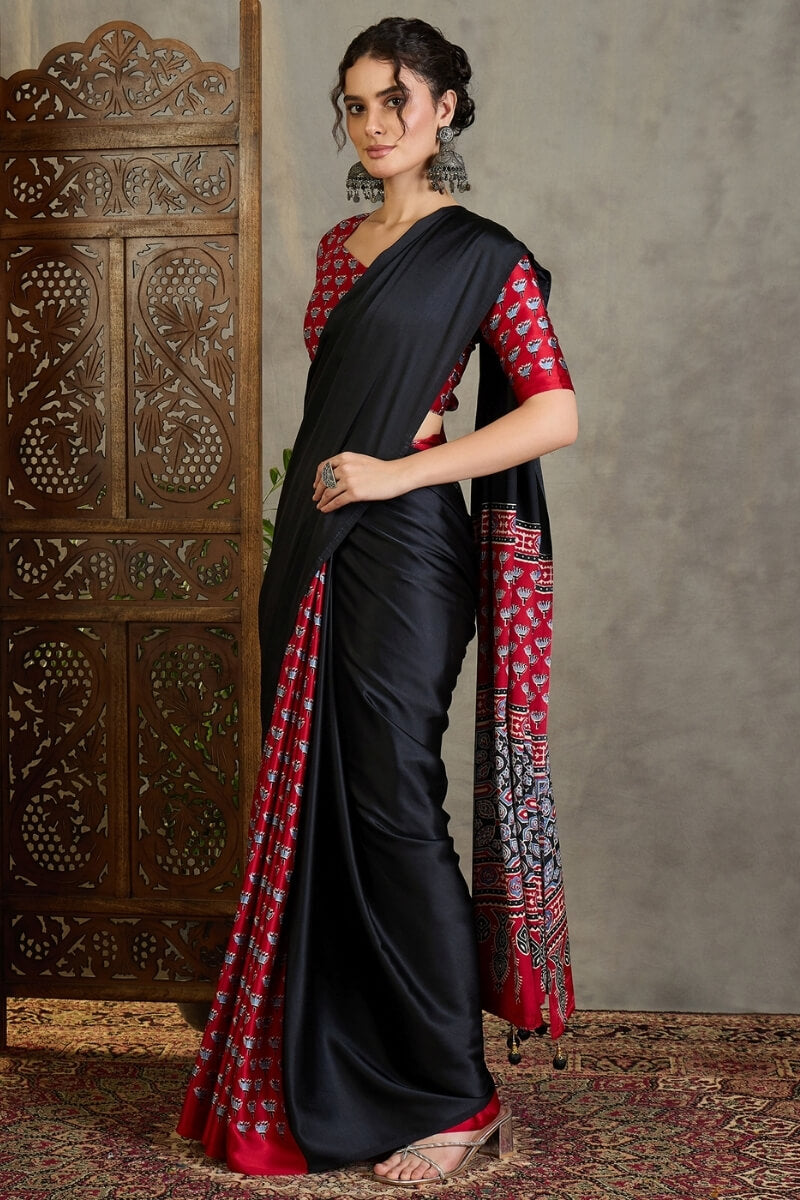 Effulgent Black Ajrakh Printed Semi Modal Silk Saree With Denouement Blouse Piece