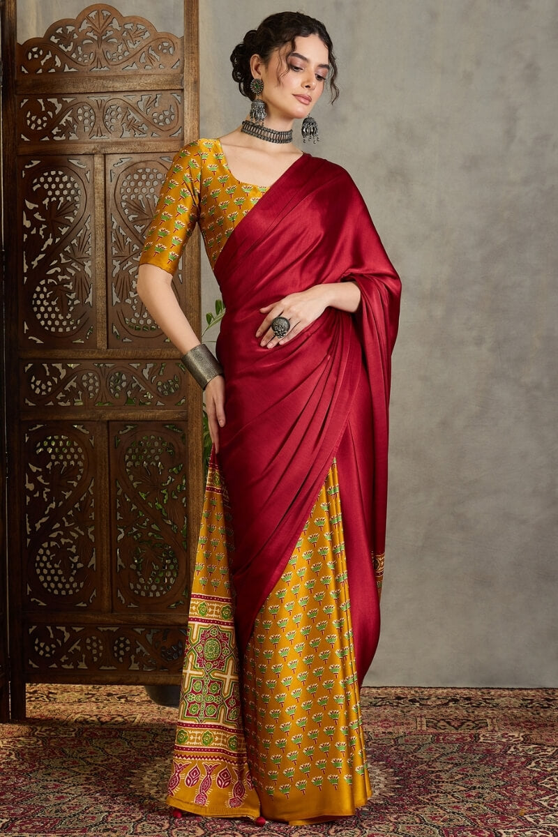 Confounding Red Ajrakh Printed Semi Modal Silk Saree With Brood Blouse Piece