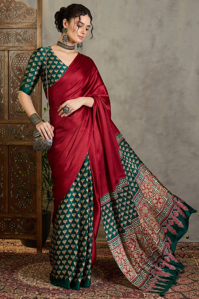 Mellifluous Red Ajrakh Printed Semi Modal Silk Saree With Moiety Blouse Piece