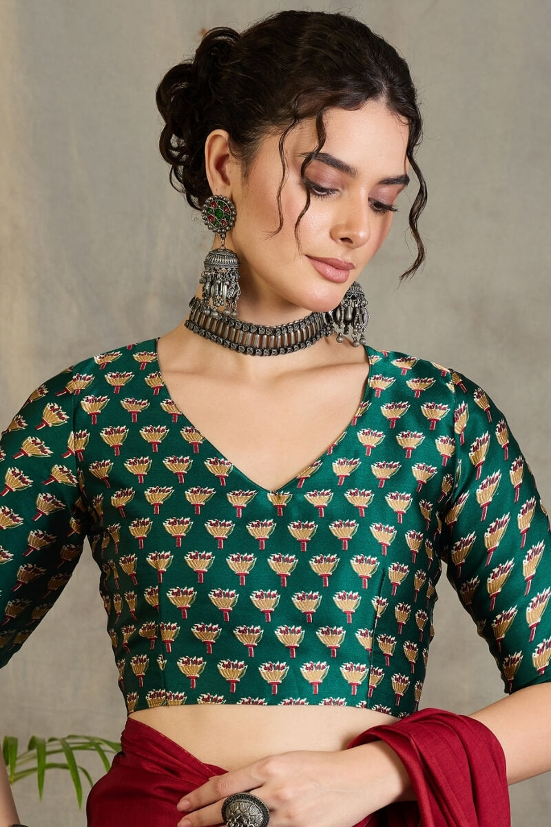 Mellifluous Red Ajrakh Printed Semi Modal Silk Saree With Moiety Blouse Piece