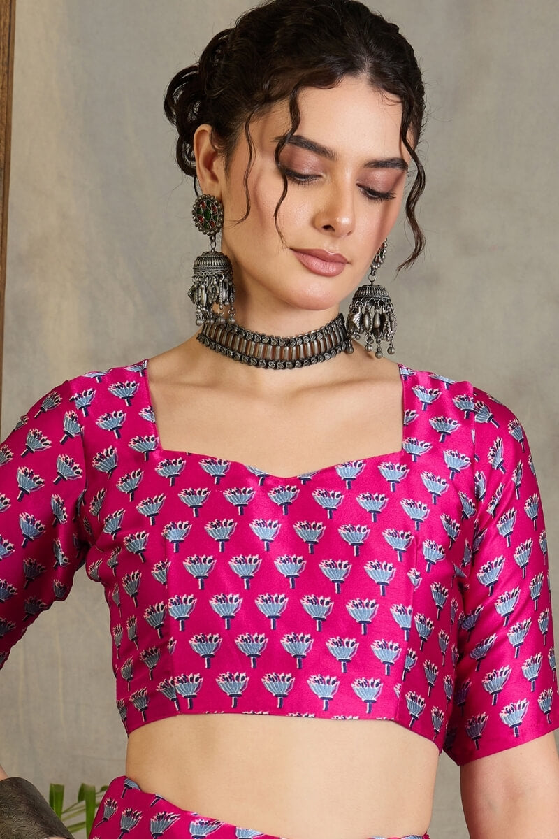 Magnificat Navy Blue Ajrakh Printed Semi Modal Silk Saree With Rhapsodic Blouse Piece