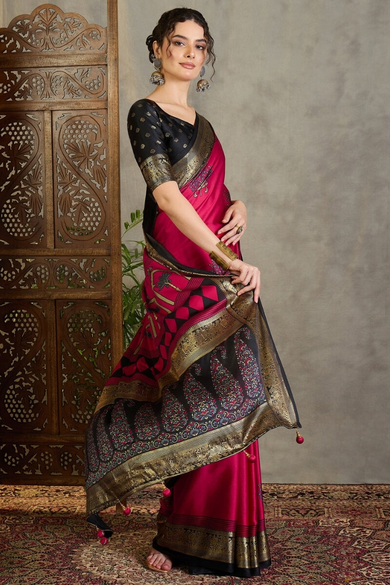 Surpassing Dark Pink Ajrakh Printed Semi Modal Silk Saree With Imaginative Blouse Piece