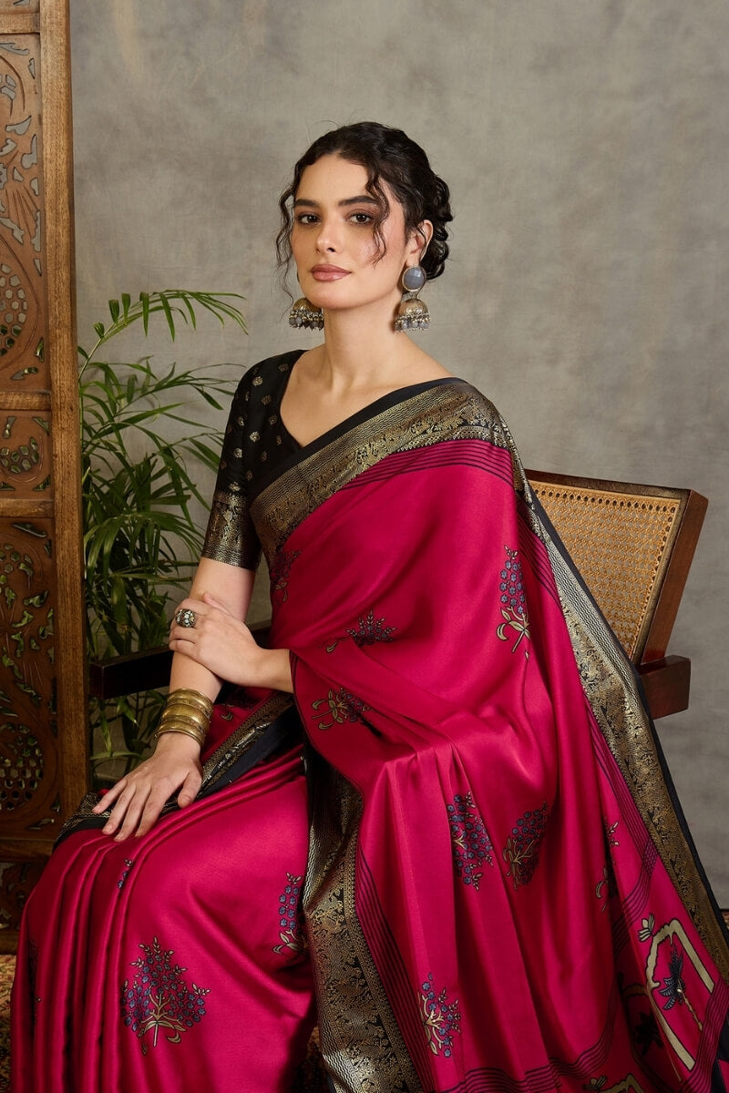 Surpassing Dark Pink Ajrakh Printed Semi Modal Silk Saree With Imaginative Blouse Piece
