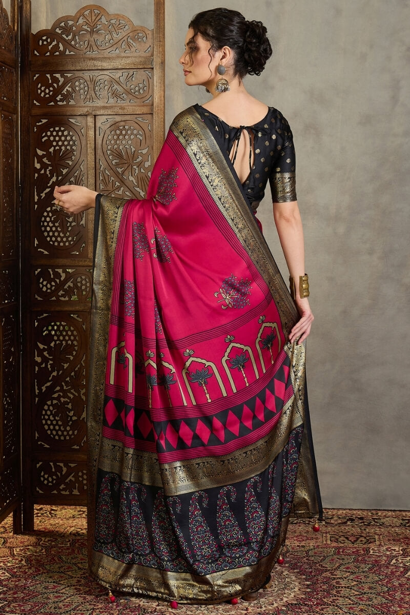 Surpassing Dark Pink Ajrakh Printed Semi Modal Silk Saree With Imaginative Blouse Piece