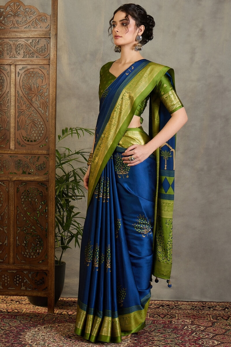 Elegant Navy Blue Ajrakh Printed Semi Modal Silk Saree With Exemplary Blouse Piece