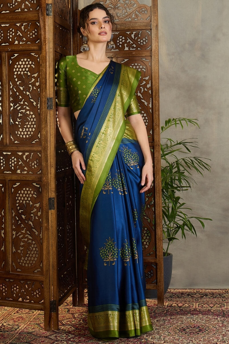 Elegant Navy Blue Ajrakh Printed Semi Modal Silk Saree With Exemplary Blouse Piece