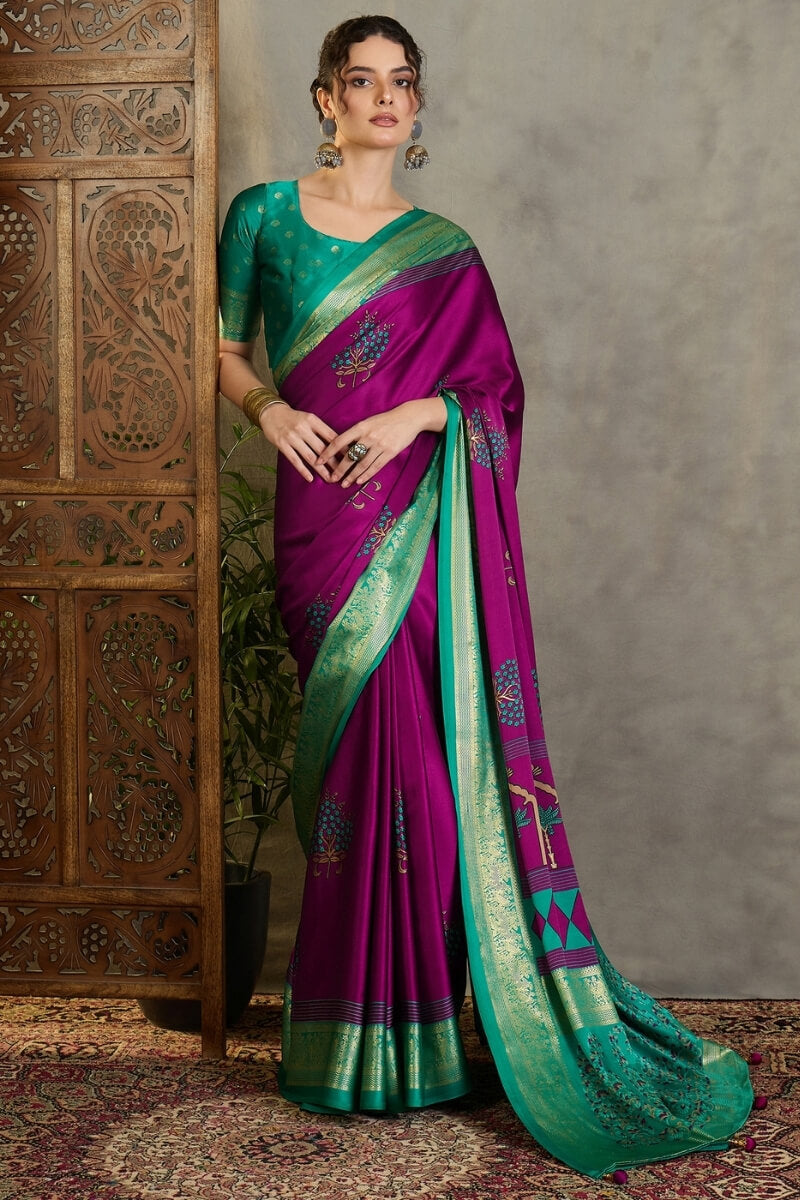 Snappy Purple Ajrakh Printed Semi Modal Silk Saree With Glorious Blouse Piece