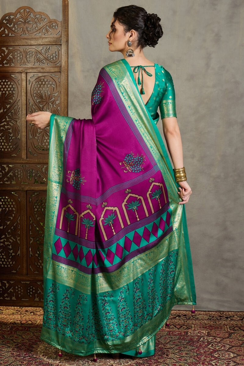 Snappy Purple Ajrakh Printed Semi Modal Silk Saree With Glorious Blouse Piece