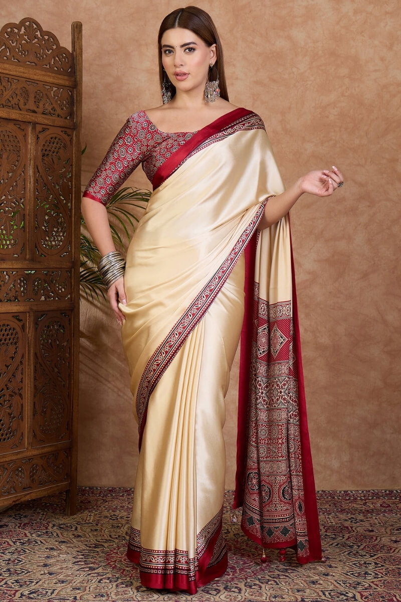 Invaluable Off White Ajrakh Printed Semi Modal Silk Saree With Capricious Blouse Piece