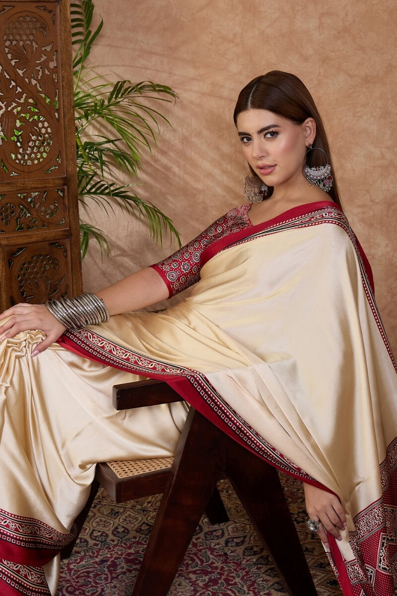Invaluable Off White Ajrakh Printed Semi Modal Silk Saree With Capricious Blouse Piece