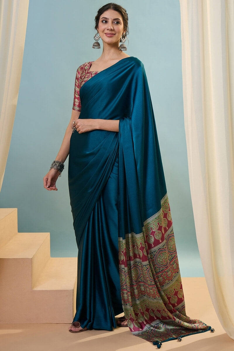 Incomparable Rama Ajrakh Printed Semi Modal Silk Saree With Trendy Blouse Piece