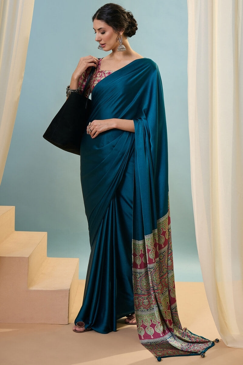 Incomparable Rama Ajrakh Printed Semi Modal Silk Saree With Trendy Blouse Piece