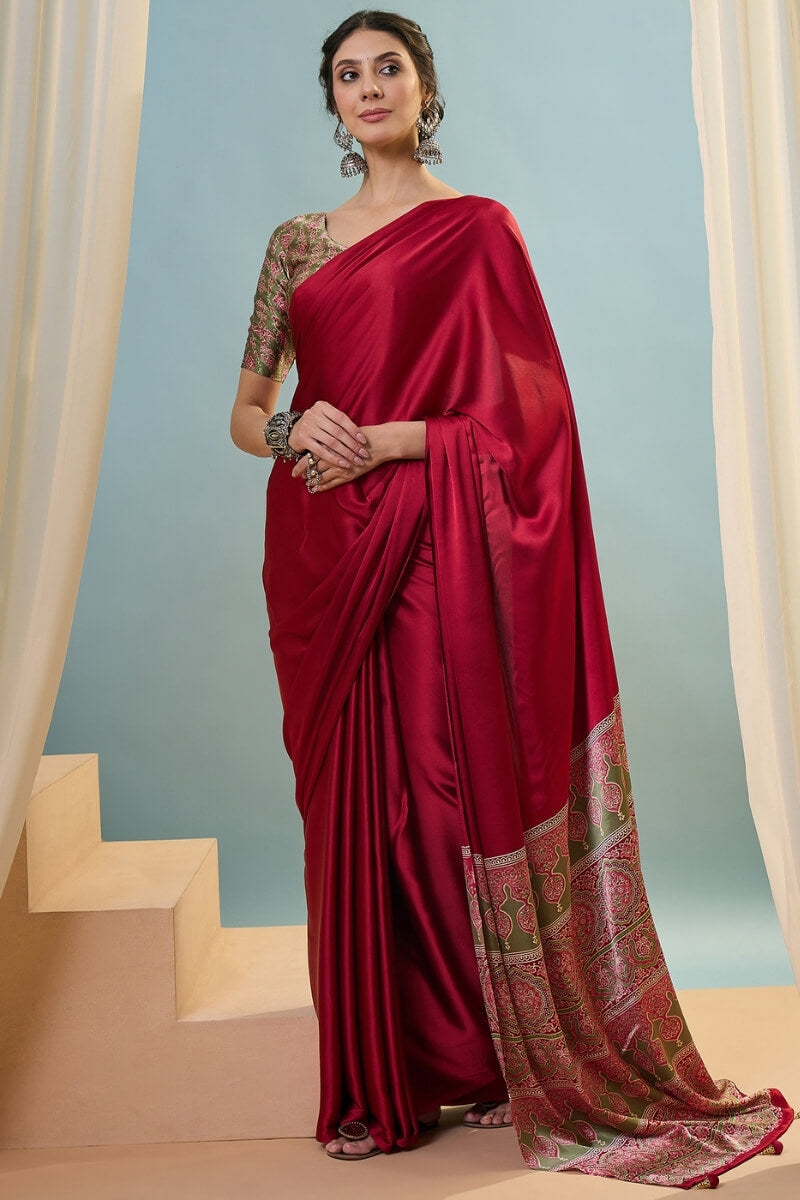 Hypnotic Red Ajrakh Printed Semi Modal Silk Saree With Nemesis Blouse Piece