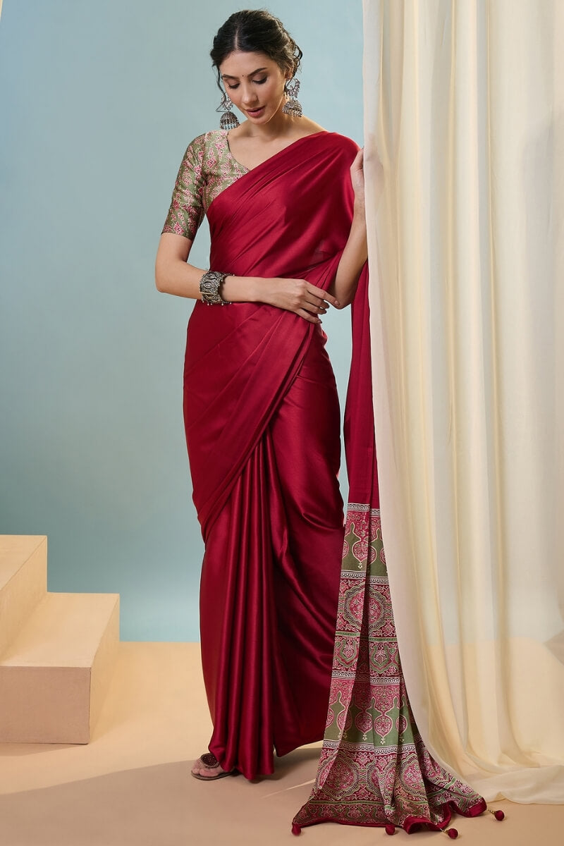 Hypnotic Red Ajrakh Printed Semi Modal Silk Saree With Nemesis Blouse Piece