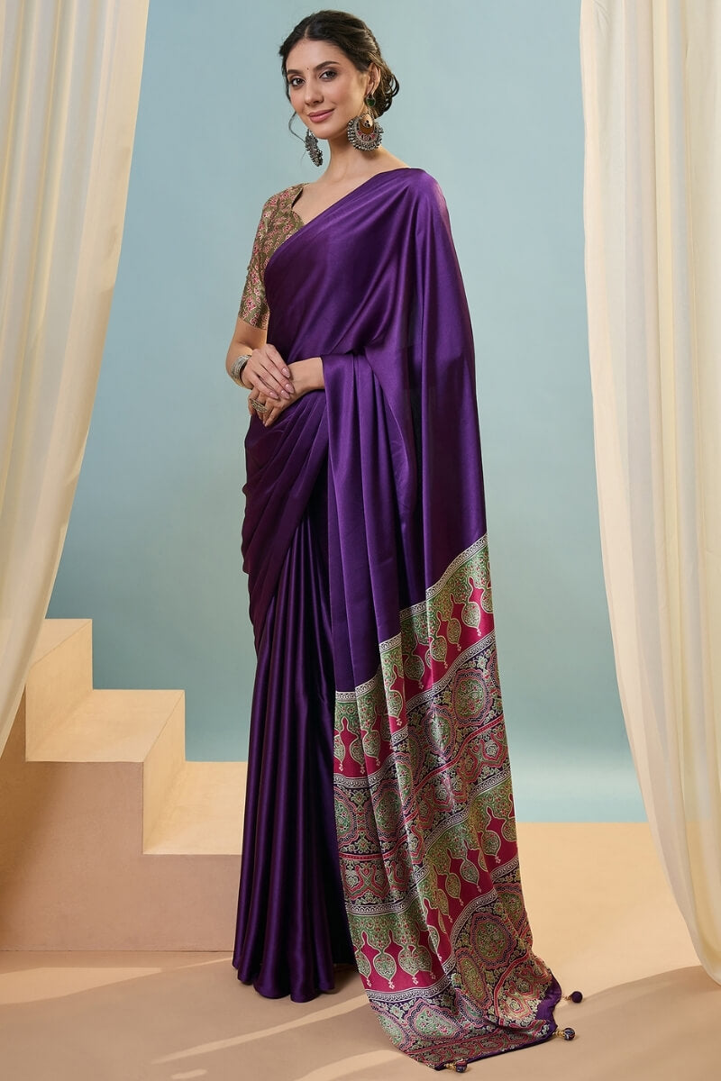 Stunning Purple Ajrakh Printed Semi Modal Silk Saree With Aplomb Blouse Piece