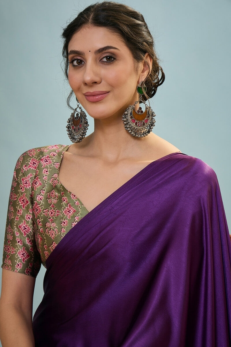 Stunning Purple Ajrakh Printed Semi Modal Silk Saree With Aplomb Blouse Piece