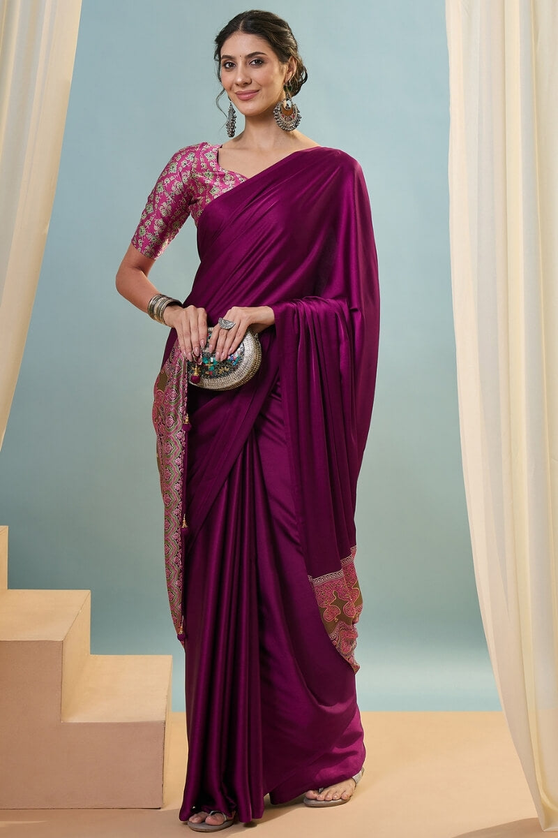 Luminous Purple Ajrakh Printed Semi Modal Silk Saree With Lustrous Blouse Piece