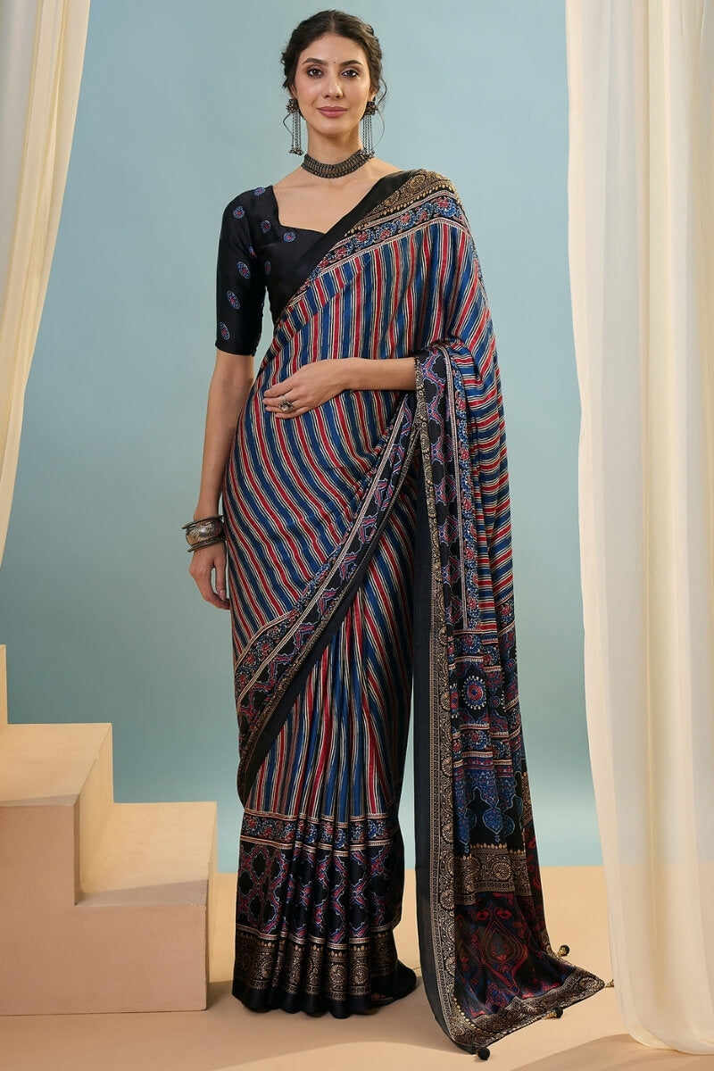 Ethereal Navy Blue Ajrakh Printed Semi Modal Silk Saree With Charming Blouse Piece
