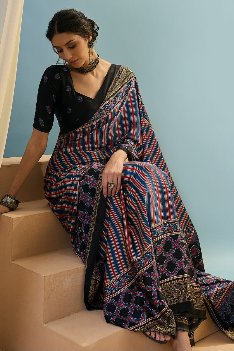 Ethereal Navy Blue Ajrakh Printed Semi Modal Silk Saree With Charming Blouse Piece