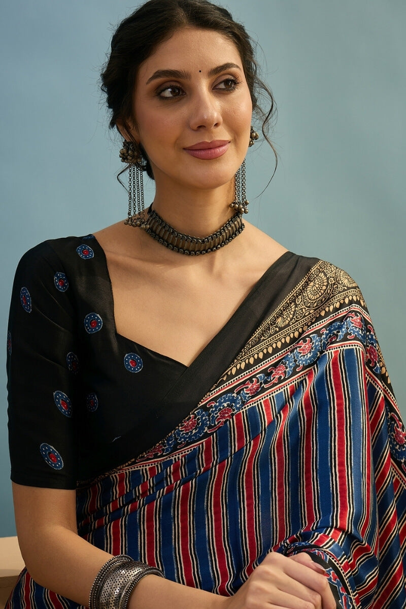 Ethereal Navy Blue Ajrakh Printed Semi Modal Silk Saree With Charming Blouse Piece