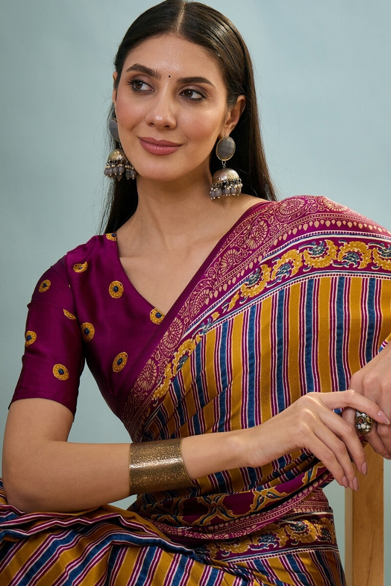 Intricate Yellow Ajrakh Printed Semi Modal Silk Saree With Comely Blouse Piece