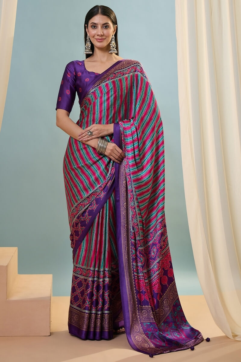 Conflate Purple Ajrakh Printed Semi Modal Silk Saree With Fantabulous Blouse Piece