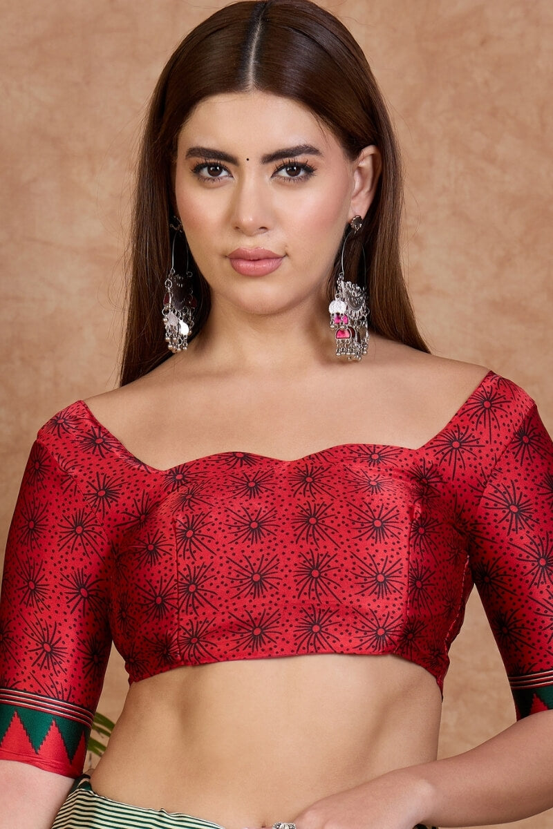 Glittering Off White Ajrakh Printed Semi Modal Silk Saree With Quixotic Blouse Piece