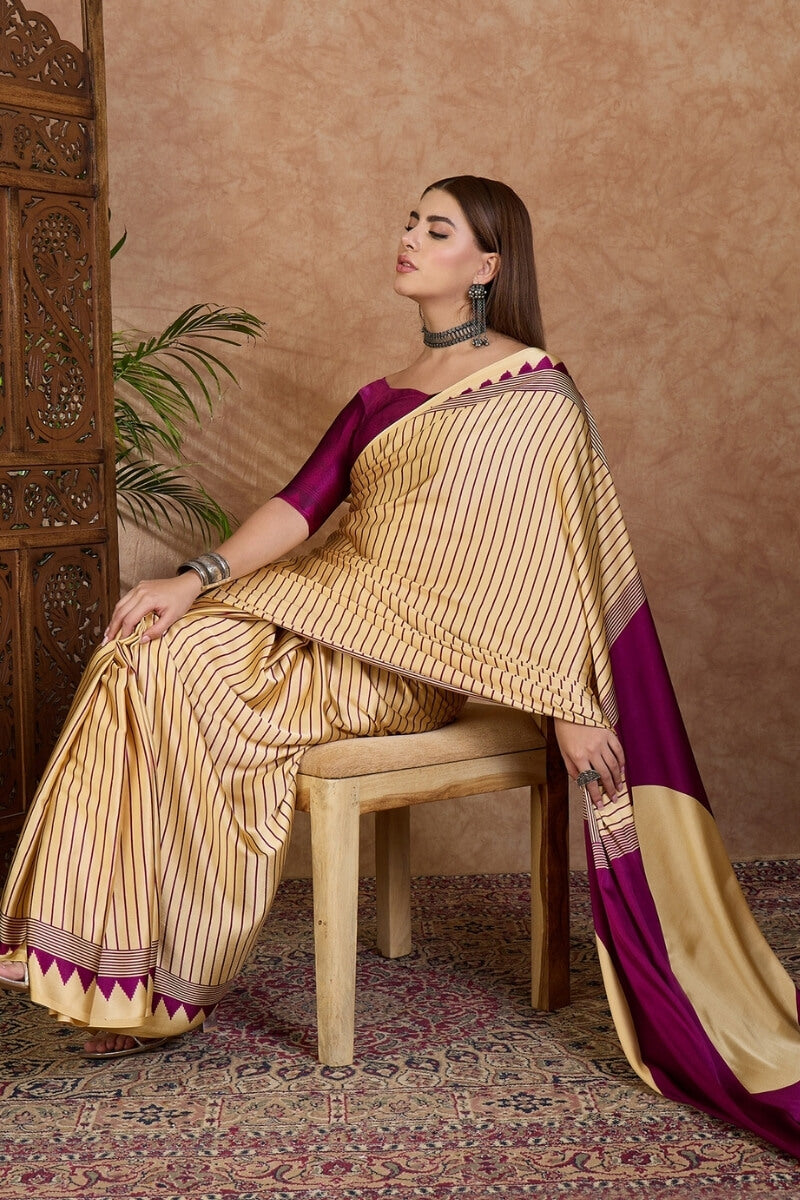 Pleasurable Beige Ajrakh Printed Semi Modal Silk Saree With Profuse Blouse Piece