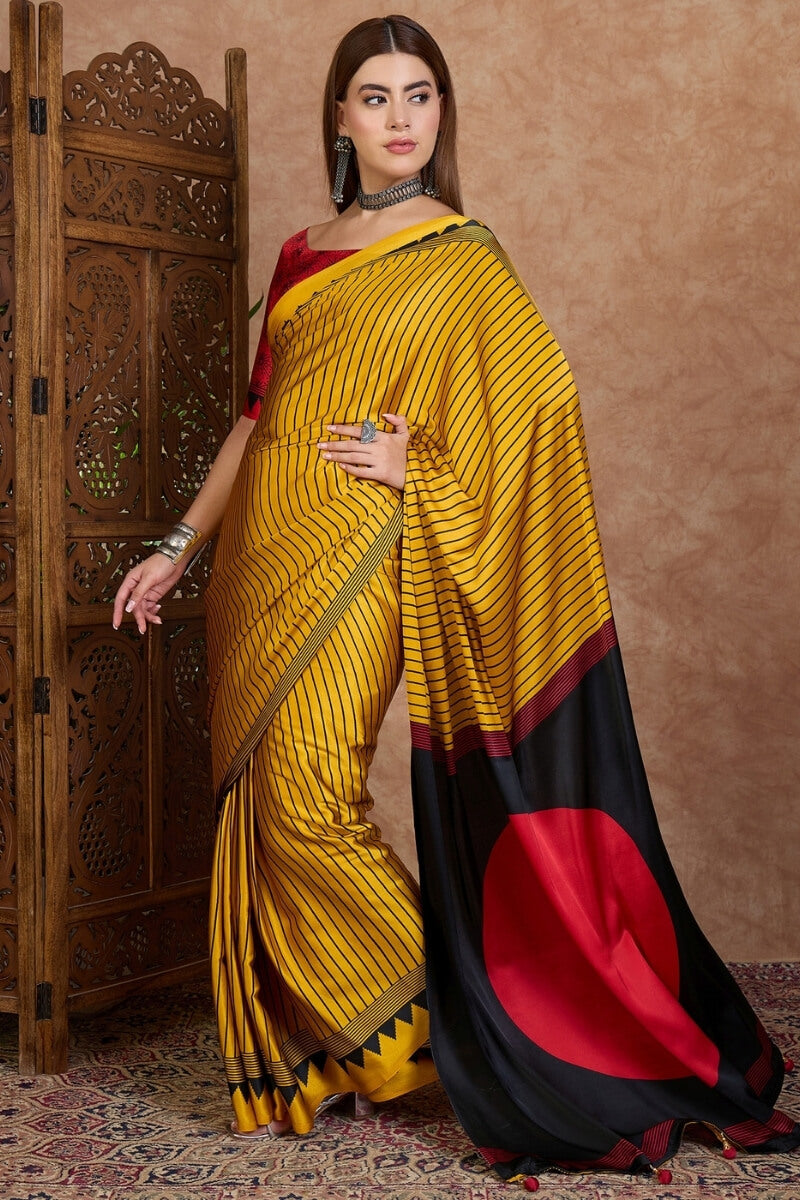 Sensational Yellow Ajrakh Printed Semi Modal Silk Saree With Resonant Blouse Piece