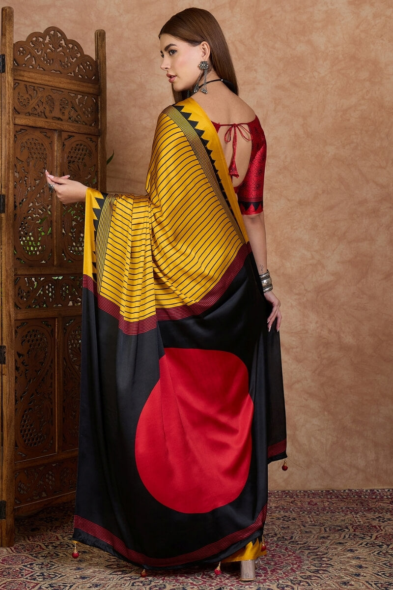 Sensational Yellow Ajrakh Printed Semi Modal Silk Saree With Resonant Blouse Piece