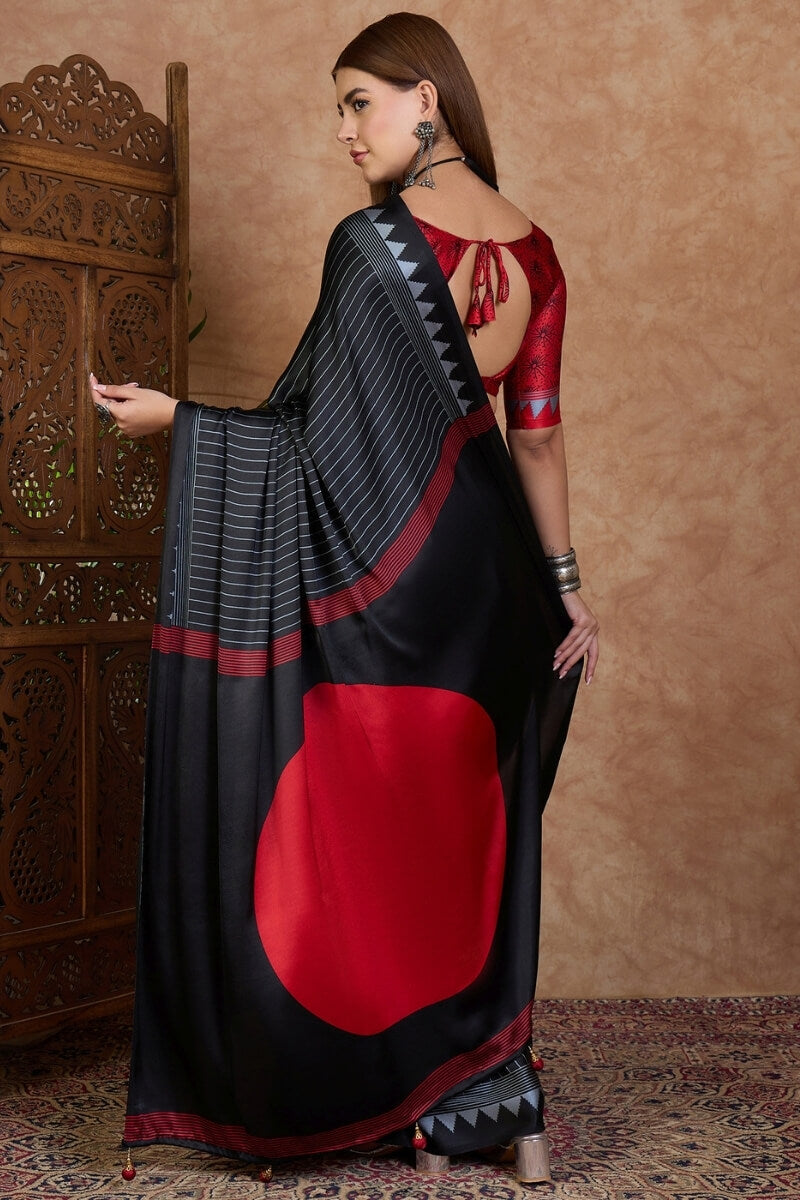 Palimpsest Black Ajrakh Printed Semi Modal Silk Saree With Lovely Blouse Piece