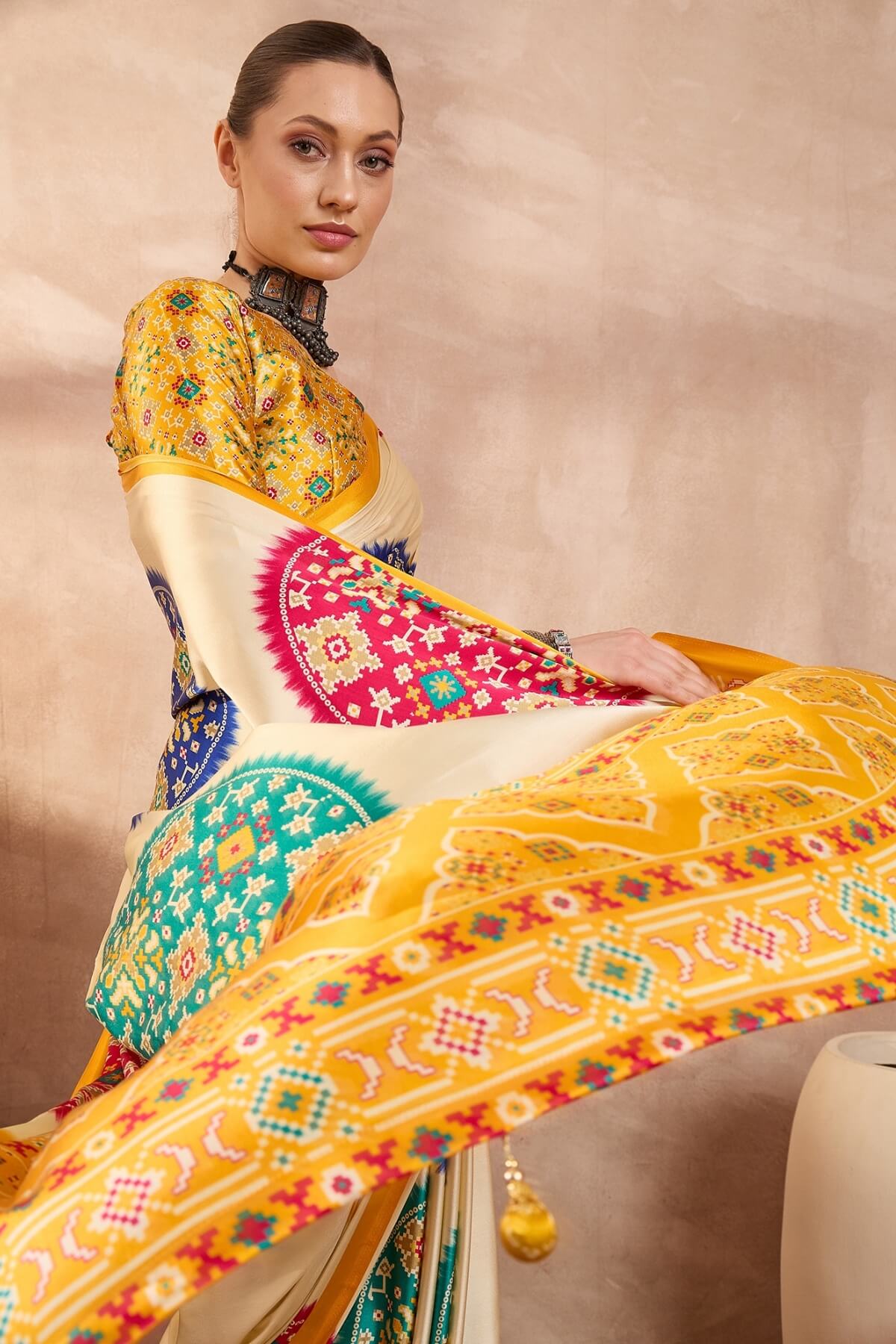 Ephemeral Beige Ajrakh Printed Semi Modal Silk Saree With Entrancing Blouse Piece