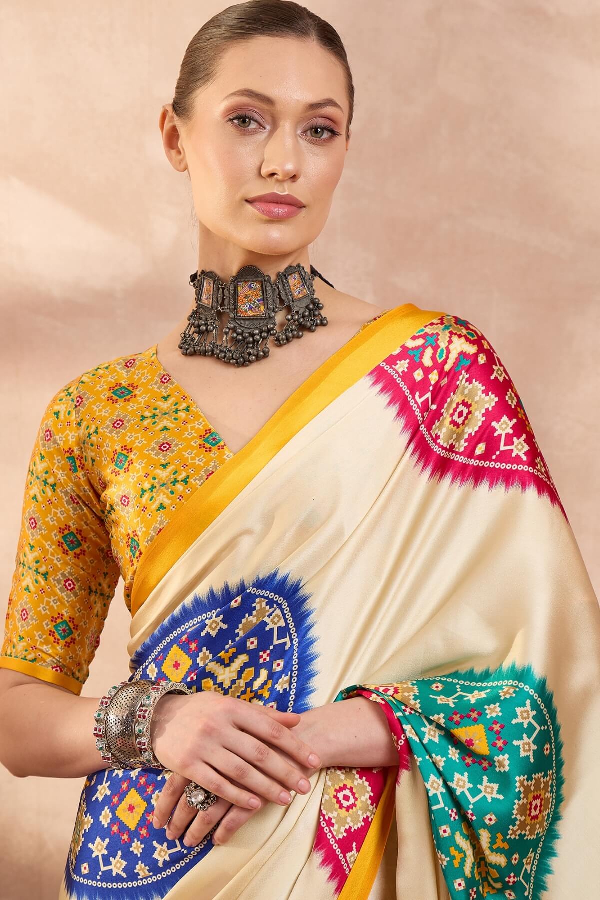 Ephemeral Beige Ajrakh Printed Semi Modal Silk Saree With Entrancing Blouse Piece