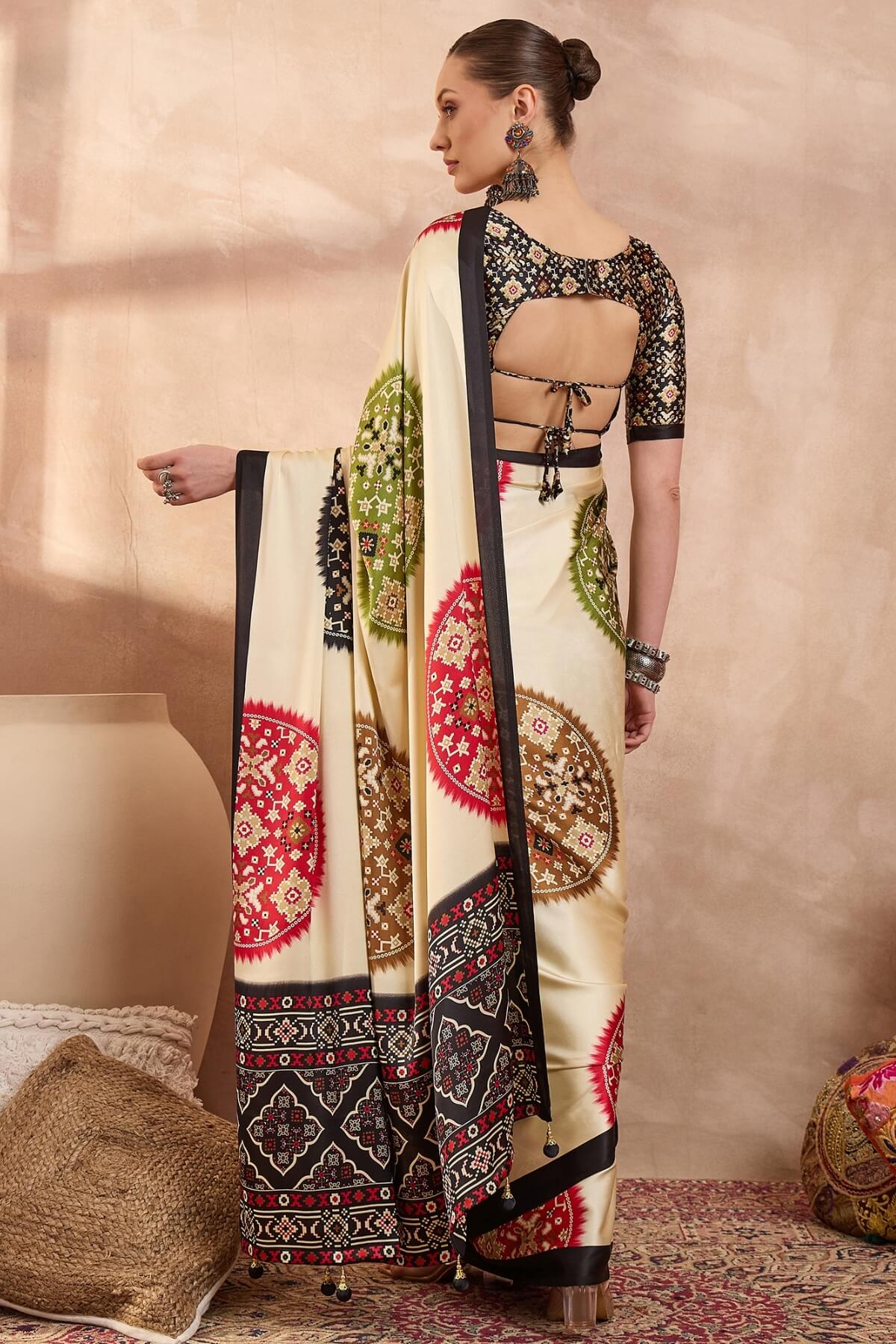 Fragrant Beige Ajrakh Printed Semi Modal Silk Saree With Majestic Blouse Piece