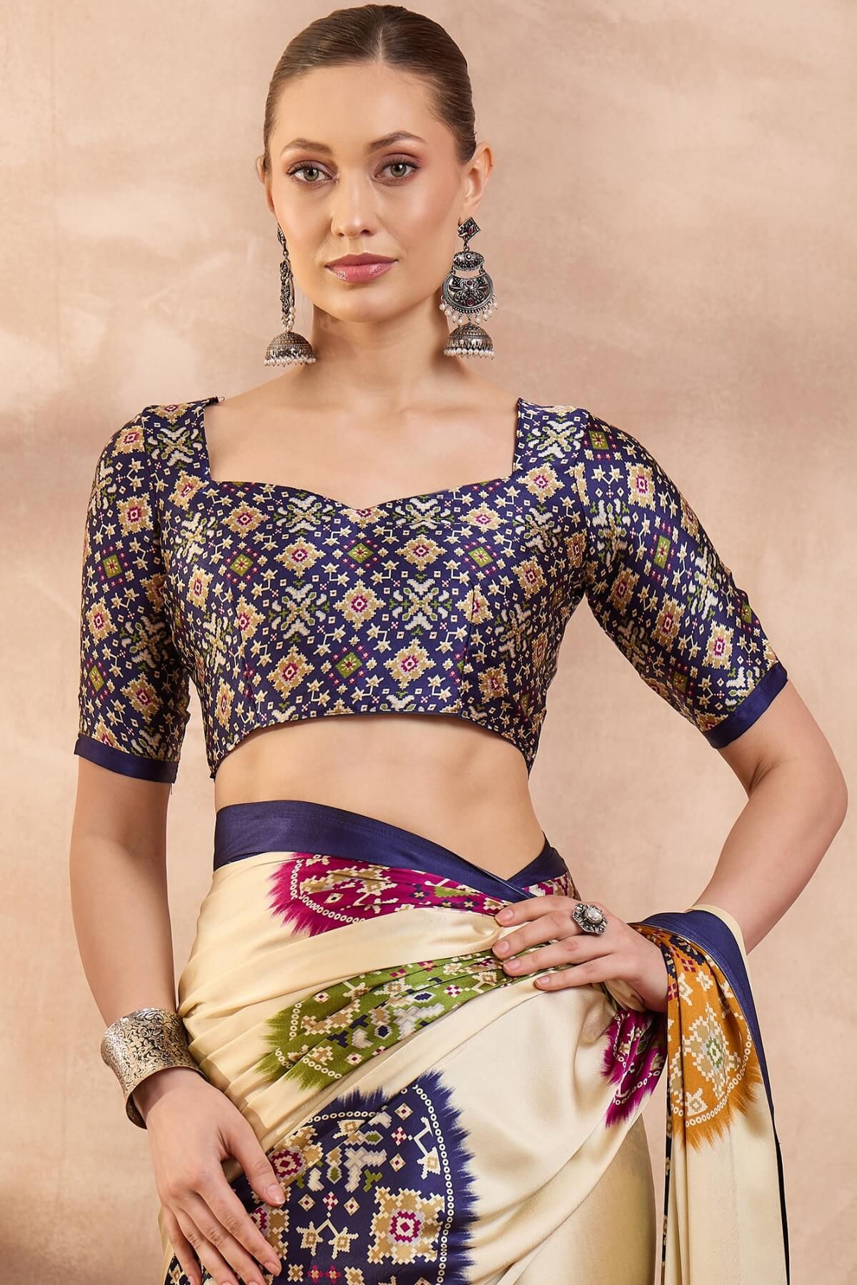 Staring Beige Ajrakh Printed Semi Modal Silk Saree With Impressive Blouse Piece