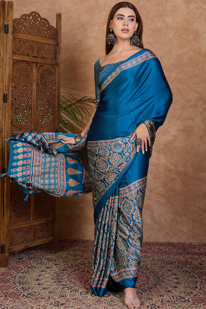 Delectable Rama Ajrakh Printed Semi Modal Silk Saree With Classic Blouse Piece