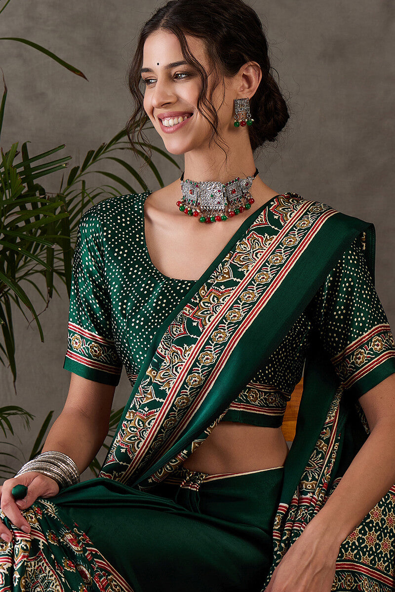 Most Stunning Dark Green Ajrakh Printed Semi Modal Silk Saree With Opulent Blouse Piece