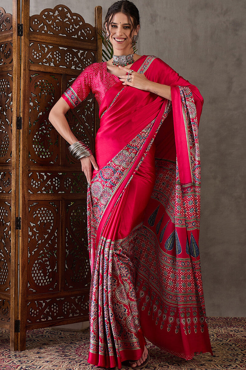 Magnetic Dark Pink Ajrakh Printed Semi Modal Silk Saree With Classy Blouse Piece