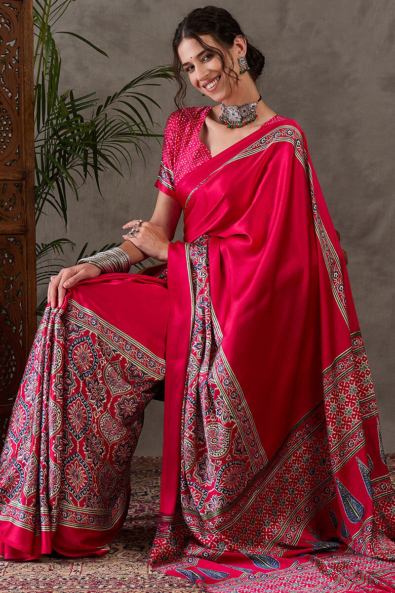 Magnetic Dark Pink Ajrakh Printed Semi Modal Silk Saree With Classy Blouse Piece