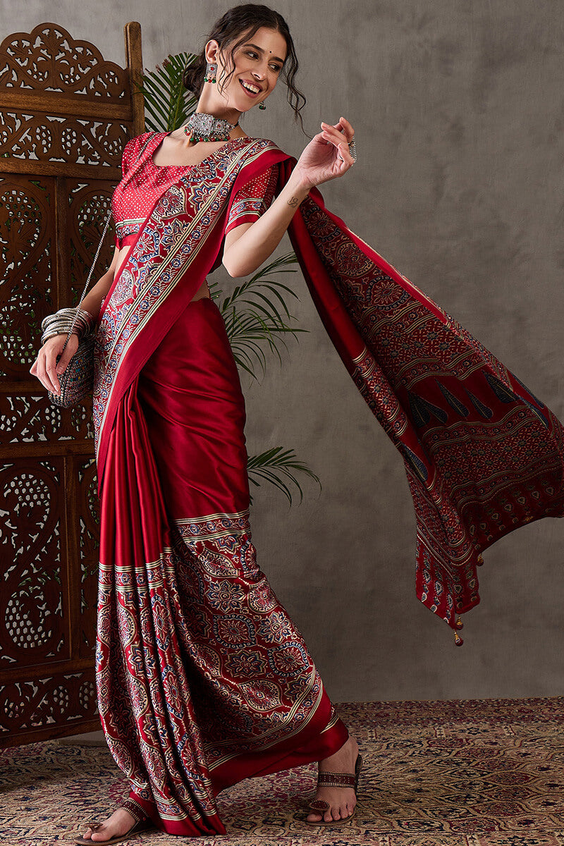 Enchanting Maroon Ajrakh Printed Semi Modal Silk Saree With Lassitude Blouse Piece