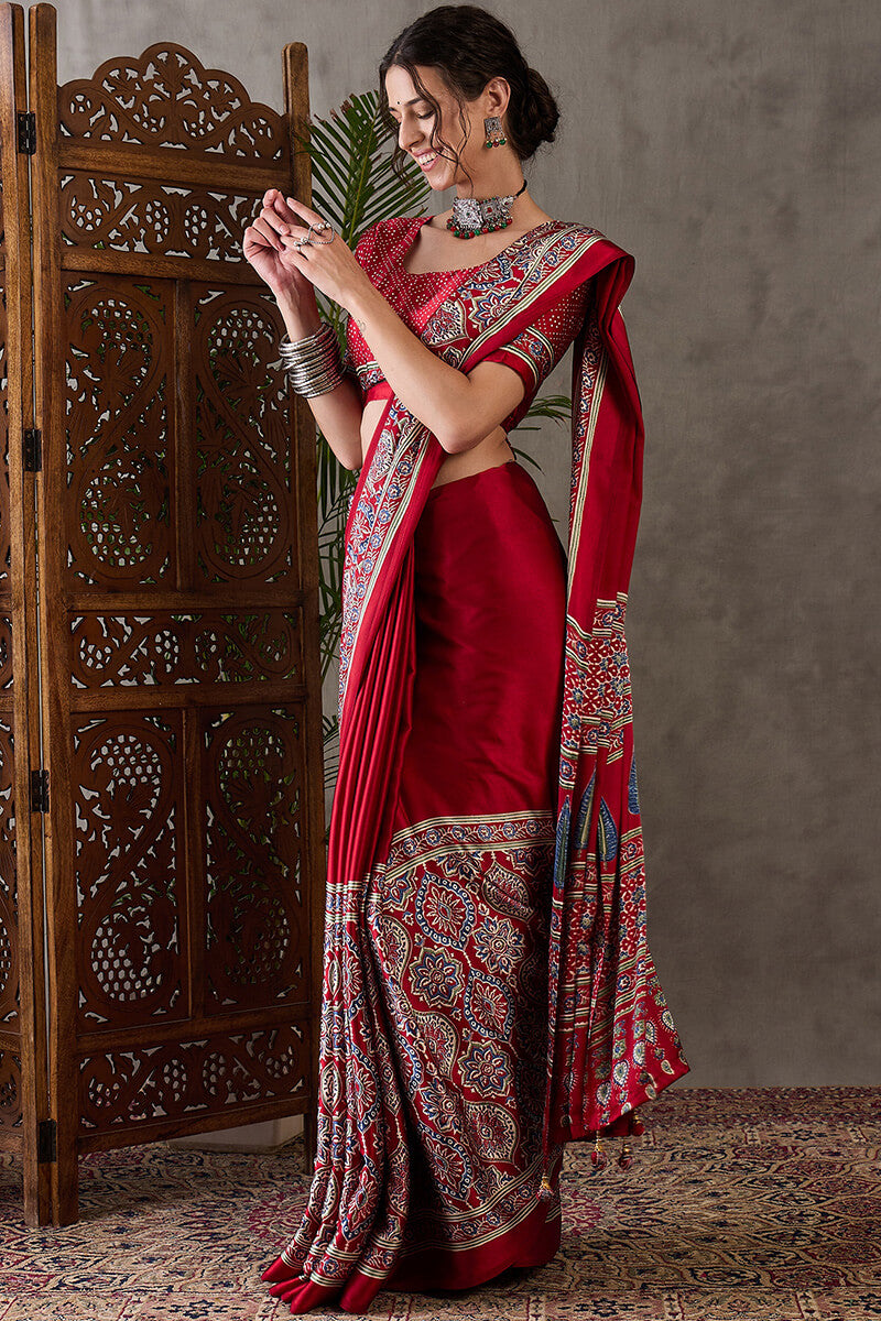 Enchanting Maroon Ajrakh Printed Semi Modal Silk Saree With Lassitude Blouse Piece