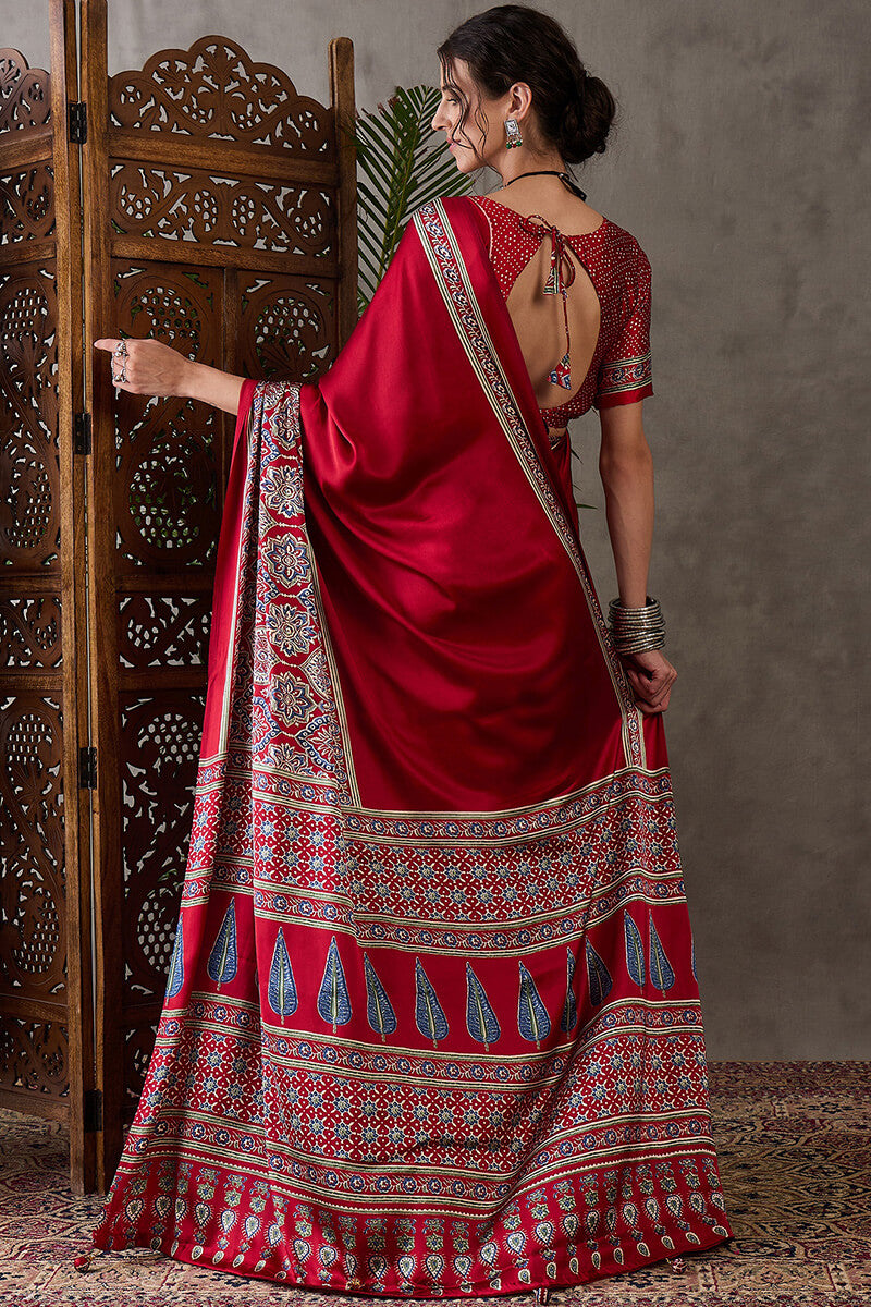 Enchanting Maroon Ajrakh Printed Semi Modal Silk Saree With Lassitude Blouse Piece