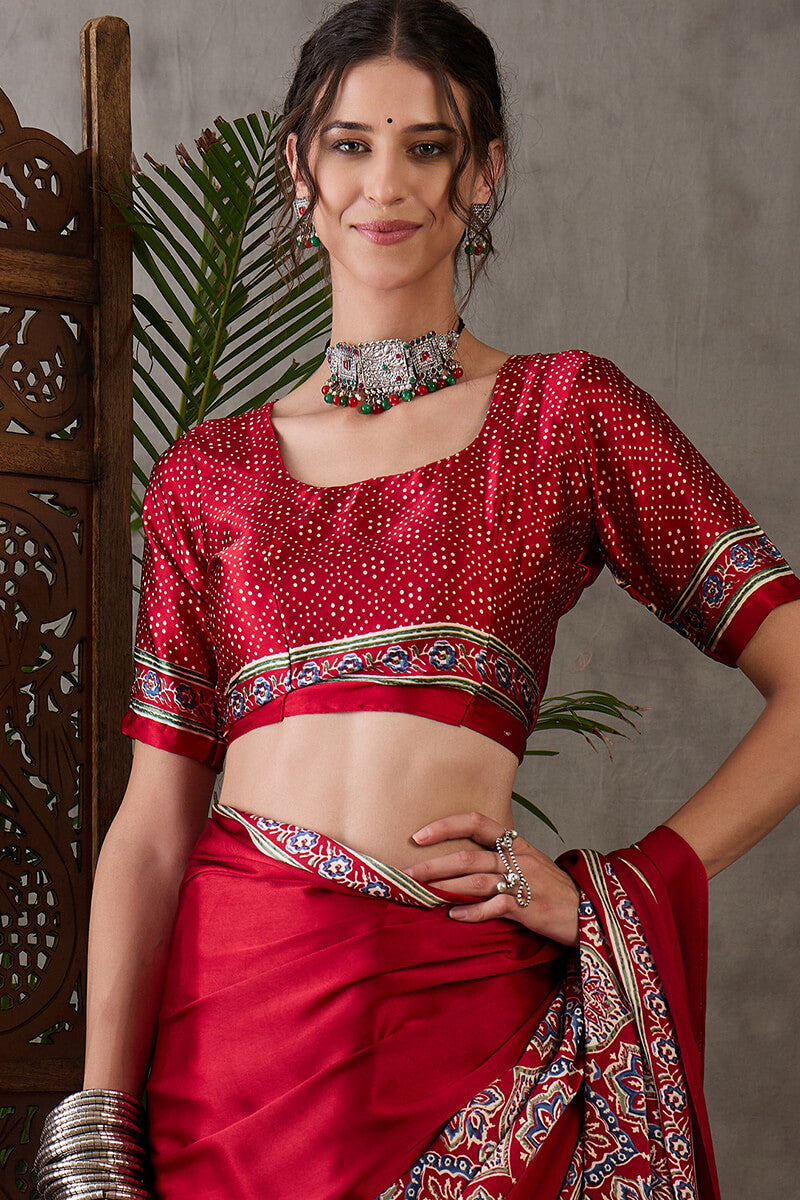 Enchanting Maroon Ajrakh Printed Semi Modal Silk Saree With Lassitude Blouse Piece