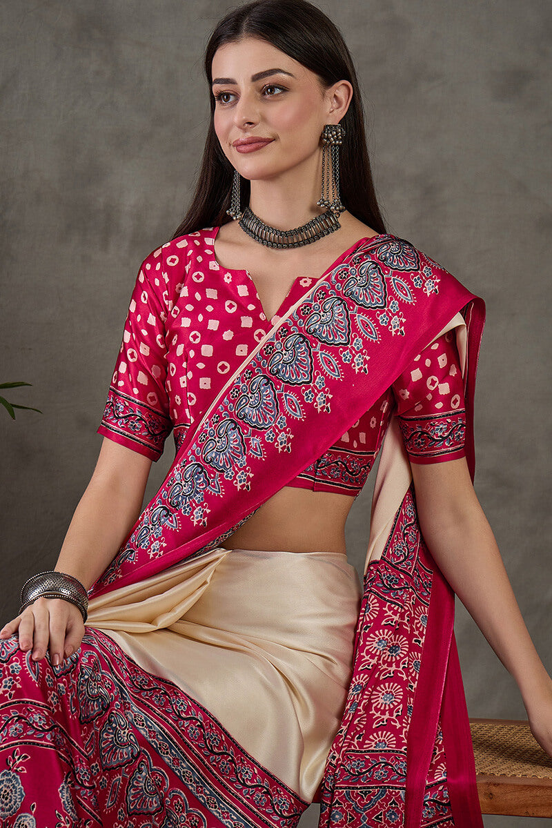 Inimitable Off White Ajrakh Printed Semi Modal Silk Saree With Assemblage Blouse Piece