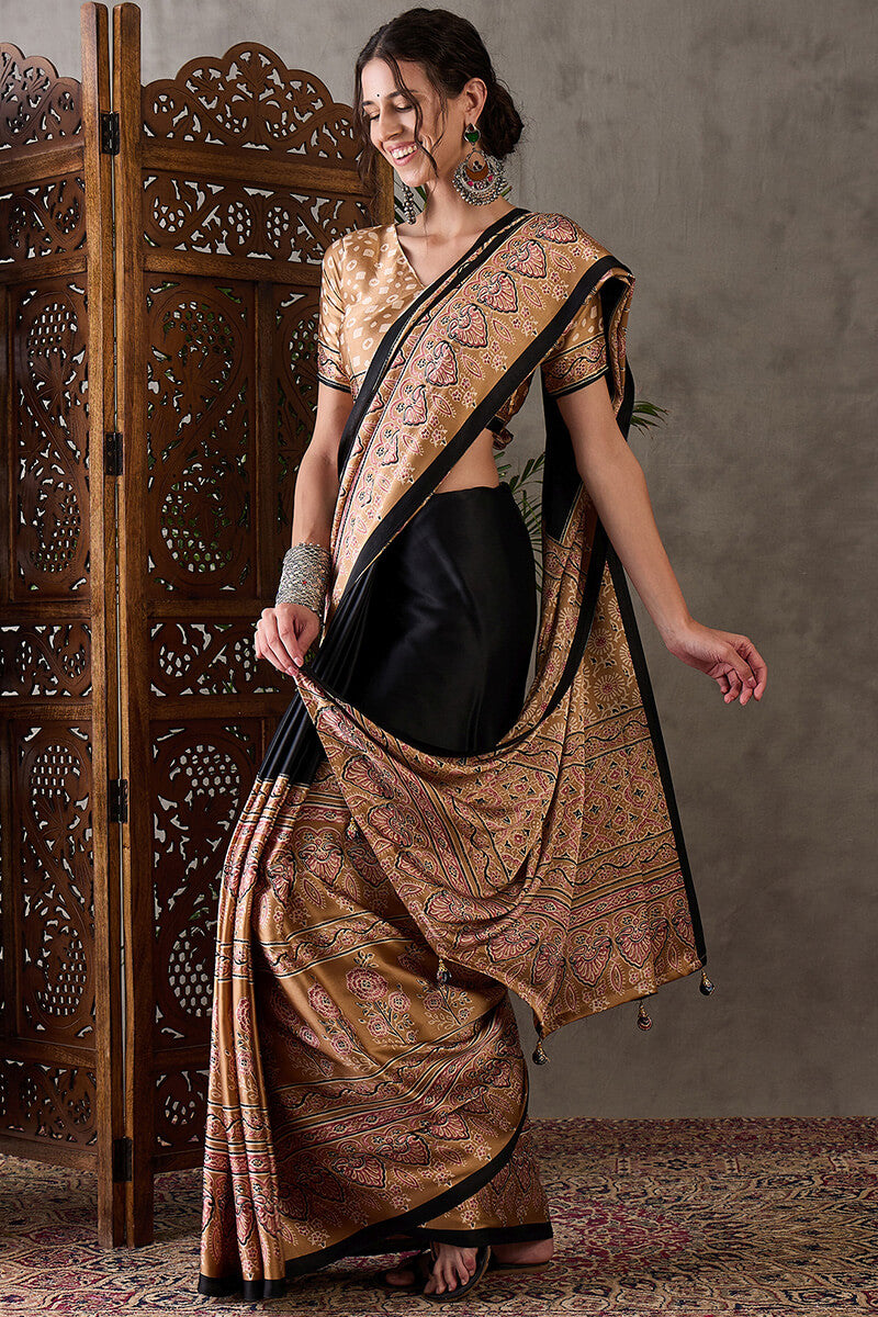 Scintilla Black Ajrakh Printed Semi Modal Silk Saree With Splendiferous Blouse Piece