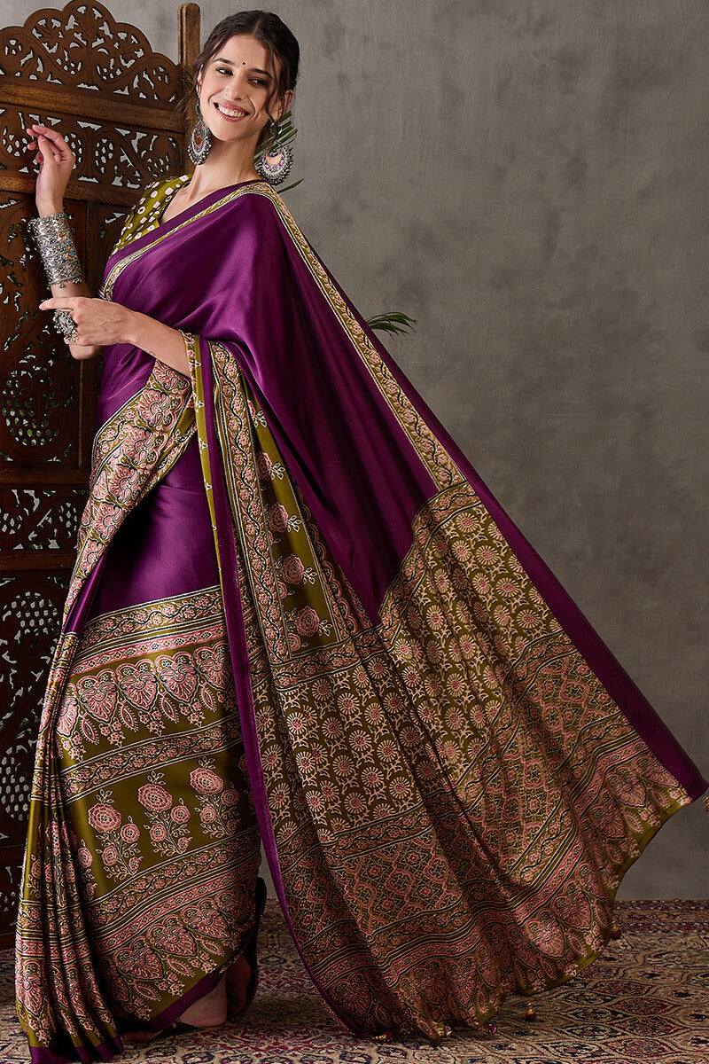 Supernal Purple Ajrakh Printed Semi Modal Silk Saree With Resplendent Blouse Piece
